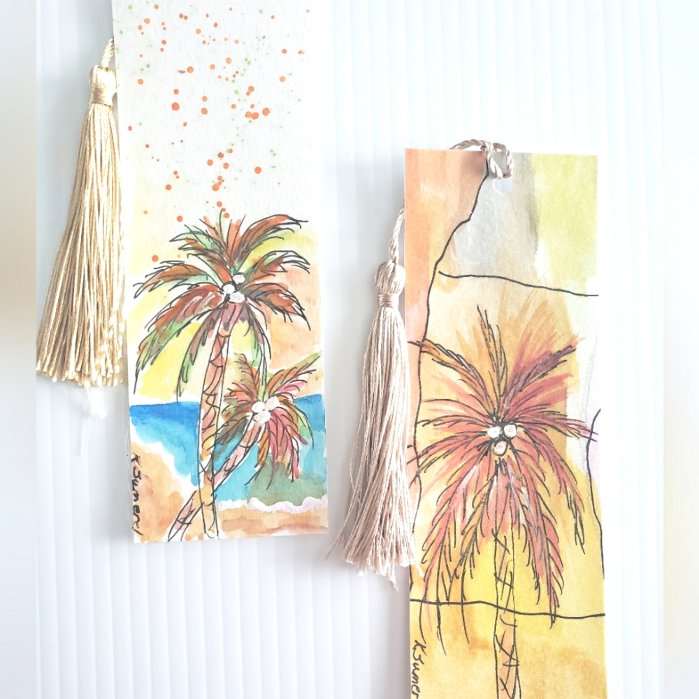 Hand Painted Tropical Palm Tree Bookmarks with Tassels
